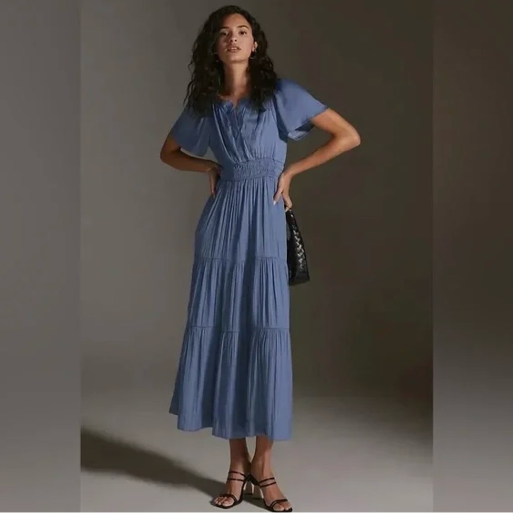Anthropologie Somerset blue tiered maxi dress SP small petite